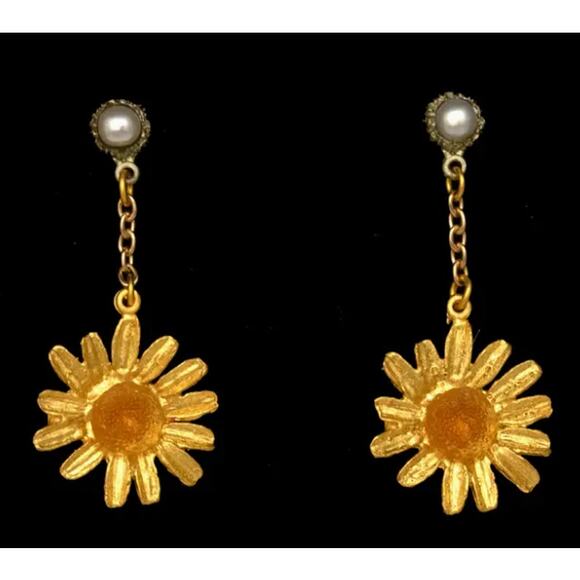 Michael Michaud Golden Daisy Dangle Post Earrings with Pearls